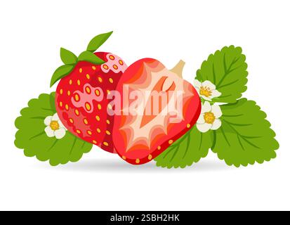 Icona della frutta fresca alla fragola. Bacche rosse estive, fiori e foglie isolate su sfondo bianco. Illustrazione vettoriale Illustrazione Vettoriale