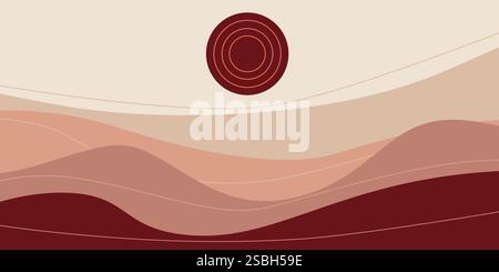 Abstract minimalista Boho Landscape con toni caldi della Terra e Sole circolare Illustrazione Vettoriale