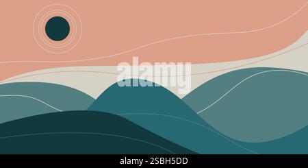 Illustrazione abstract Boho Landscape con toni morbidi e design geometrico minimalista Illustrazione Vettoriale