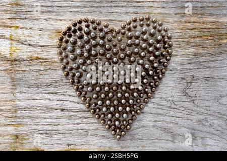 Forma a cuore realizzata con piccole viti metalliche per la lavorazione del legno posizionate sulle loro teste, in piedi da spalla a spalla. Sfondo di legno intemprato. Foto Stock