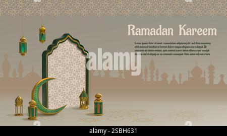 Ramadan kareem. Design di saluto Islam, carta eid mubarak con lampada araba, lanterna e luna, mezzaluna dorata. Arco tradizionale, il rendering 3d degli elemen isolati Illustrazione Vettoriale