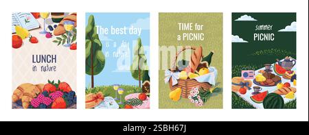 Picnic primaverile. Cestino estivo di cibo su coperta, festa in famiglia con snack a fumetti, erba e pranzo. Cestino di vimini, snack dolci, cena all'aperto. Illustrazione Vettoriale