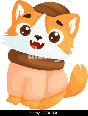 Carino gatto arancione con un comodo vestito con cappello e sciarpa, che si siede felicemente su uno sfondo bianco. Perfetto per i progetti. Illustrazione Vettoriale