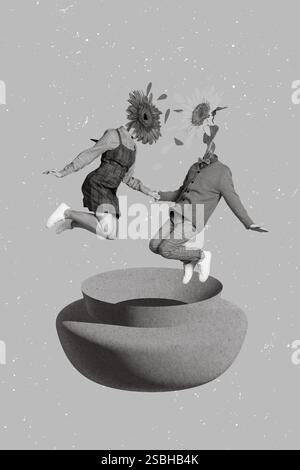 Foto collage poster cartolina grafica di persone funky pazzo bianco nero gamma divertirsi insieme isolato su sfondo disegno Foto Stock