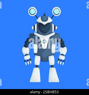Illustrazione cartoon di un robot futuristico con design blu e bianco, mani simili a artigli e antenne, su sfondo blu. Illustrazione Vettoriale