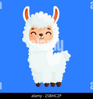 Adorabile illustrazione a fumetto di un soffice alpaca bianco con un viso sorridente, orecchie arancioni e sfondo blu. Illustrazione Vettoriale