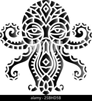 Intricato polpo bianco e nero con motivi tribali ornati ed elementi vorticosi, perfetto per tatuaggi, loghi o progetti artistici. Illustrazione Vettoriale