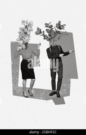 Collage verticale di due persone danzanti effetto bianco nero che raffreddano i fiori invece testa isolata su sfondo dipinto Foto Stock