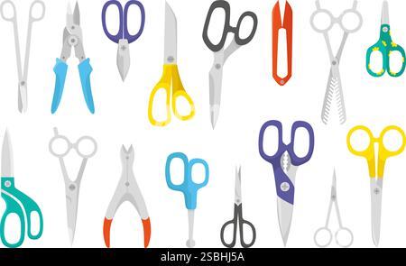 Forbici per cartoni animati. Diversi tipi di raccolta di forbici. Utensili chiusi e isolati per cartone in tessuto di carta tagliato. Utensile per officina, vettore neoterico piatto Illustrazione Vettoriale