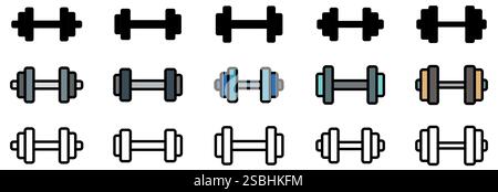 Icona manubri. Set di icone lineari nere di manubri per l'allenamento. Illustrazione vettoriale Illustrazione Vettoriale