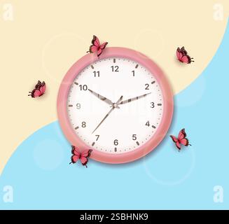 Orologio con lancette rotonde con farfalle volanti e riflessi solari su sfondo giallo-blu. Illustrazione vettoriale 3D. Illustrazione Vettoriale