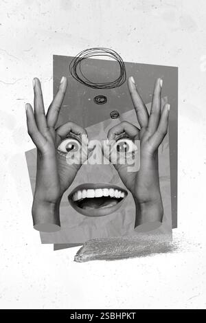 Grafica creativa collage ucraina guerra crimine concetto volto dita binoculare okey simbolo mente chatterbox isolato su sfondo di colore beige Foto Stock