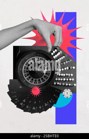 Immagine poster collage fotografico verticale della roulette da tavolo del jackpot del chip della roulette della mano carte bluff vincenti gioco di poker combinato casinò Foto Stock