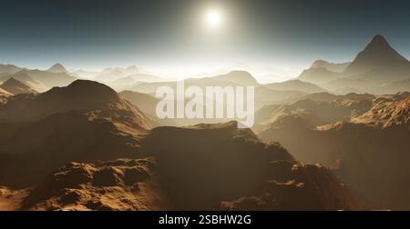 Tempesta di polvere su Marte. Tramonto su Marte. Paesaggio marziano. Rendering 3D. Foto Stock