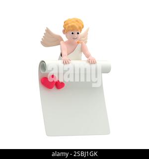 Personaggio di Happy cupid con ali che reggono un pezzo di carta bianca nera con due cuori, rendering 3d. Foto Stock