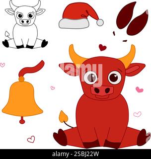 Indossa un carino toro con gli accessori campanello, gradino e cappello di babbo natale. Linea grafica vettoriale animale di fattoria in stile cartoni animati. Illustrazione Vettoriale