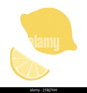Semplice illustrazione di un limone intero e di una fetta di limone su sfondo bianco. L'immagine presenta un colore giallo brillante, uno stile disegnato a mano, e. Illustrazione Vettoriale