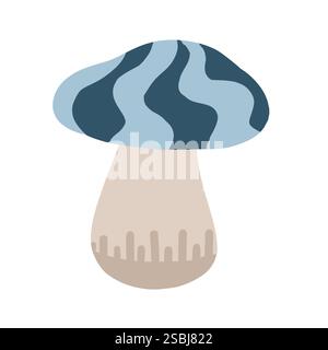 Immagine di un fungo stravagante con un tappo blu ondulato e gambo beige. Il design semplice e stilizzato presenta un aspetto naturale e decorativo, perfetto per Illustrazione Vettoriale