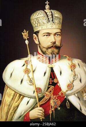 Ritratto di Nicola II di Russia nella sua veste di incoronazione. Nicola II (1868 - 1918) o Nikolai II fu l'ultimo imperatore regnante di Russia, dal 1894 fino alla sua abdicazione il 15 marzo 1917. Dipinto di Aleksandr Makovsky (1869-1924). Foto Stock