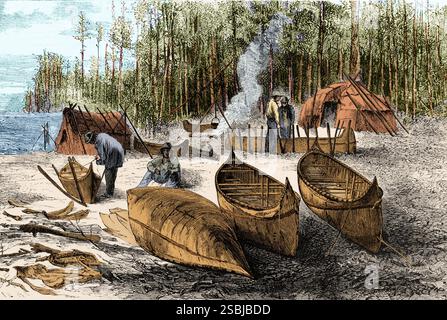 Incisione in legno che mostra i nativi americani che realizzano canoe di corteccia di betulla. Illustrazione dal settimanale Harper's, 5 agosto 1871. Colorato. Foto Stock