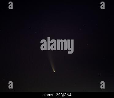 La cometa C/2020 F3 NEOWISE viene vista prima dell'alba sopra Washington DC, domenica 12 luglio 2020. La cometa è stata scoperta dal Near-Earth Object Wide-Field Infrared Survey Explorer della NASA, o NEOWISE, il 27 marzo 2020. Il suo avvicinamento più vicino alla Terra sarà il 22 luglio, a una distanza di circa 64 milioni di miglia (103 milioni di chilometri). La cometa impiega circa 6.800 anni per completare la sua orbita, quindi non ci sarà più visibile per molte migliaia di anni. Foto Stock