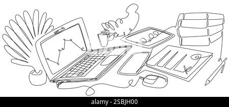 Area di lavoro in una riga. Laptop con documenti e gadget. Illustrazione Vettoriale