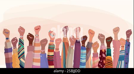 Illustration with group of diverse women raising fists.Diversity - inclusion - equality - girl power or empowerment concept. International women s day Illustrazione Vettoriale