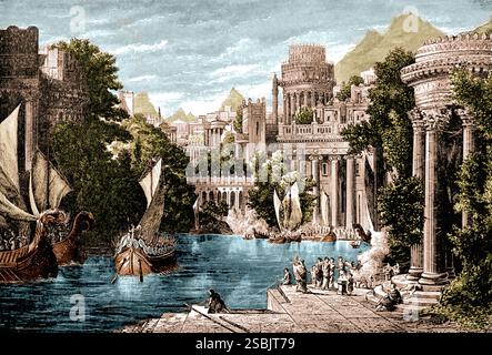 La battaglia di Salamina fu una battaglia navale combattuta tra un'alleanza di città-stato greche sotto Temistocle e l'Impero persiano sotto re Serse nel 480 a.C.. Si concluse con una vittoria decisiva per i greci in inferiorità numerica. Illustrazione di Naval Battles, Ancient and Modern di Edward Shippen, 1883. Colorato. Foto Stock