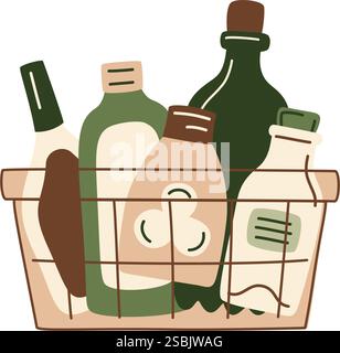 Carrello della spesa e cestino riempiti di alimentari dal supermercato o dal mercato agricolo. Bottiglie, olio, latte, imballaggio zero rifiuti, perfetto per un design ecocompatibile. Illustrazione Vettoriale