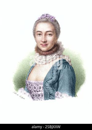 Litografia di Gabrielle Emilie de Breteuil, Marquise du Chatelet. Emilie du Chatelet (1706-1749) è stata una filosofa e matematica francese nota per la sua traduzione e il commento al libro di Isaac Newton sulle leggi della fisica del 1687, Philosophiae Naturalis Principia Mathematica. Il suo commento include un contributo alla meccanica newtoniana. Incisione anonima, c. 1818-1842. Colorato. Foto Stock