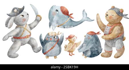 Set di acquerelli di orsi, conigli, balene, pinguini, pappagalli. Illustrazione di animali in stile cartone animato. Caratteri isolati su design bianco Foto Stock