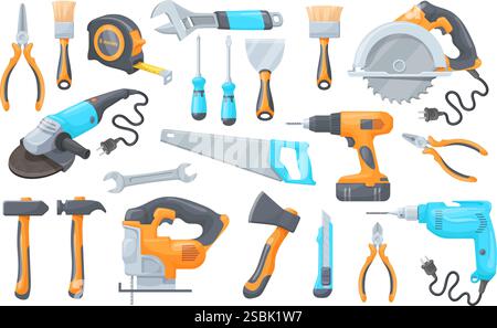 Strumenti per la costruzione di cartoni animati. Lavori di riparazione di edifici set di strumenti manuali e hardware, chiave a martello cacciavite, chiave a forare righello per riparazione di nastro, illustrazione vettoriale originale Illustrazione Vettoriale
