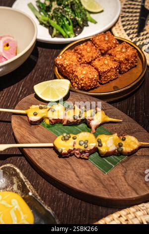 Spiedini di polpo grigliati e cubetti di tapioca parmigiano, ristorante Yopo presso il Mandrake Hotel, Londra, Inghilterra Foto Stock