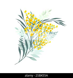 Simbolo giallo del fiore del ramo di mimosa donne giorno isolato su bianco. disegno a mano. Non ai, illustrazione vettoriale Illustrazione Vettoriale