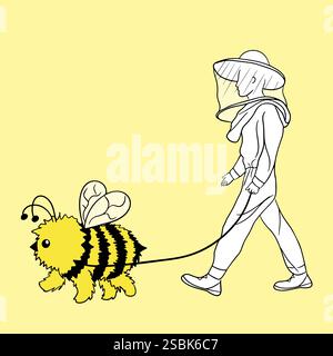Un apicoltore cammina la sua ape al guinzaglio. Illustrazione di un cartone animato vettoriale. Illustrazione Vettoriale
