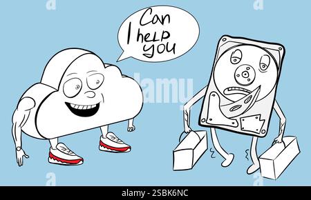 Una caricatura divertente sull'argomento dello storage cloud. Illustrazione vettoriale. Illustrazione Vettoriale