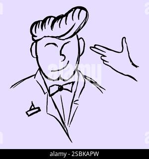 Un uomo in un smoking con un papillon. Disegno nello stile di schizzo. Illustrazione vettoriale su sfondo grigio. Illustrazione Vettoriale