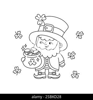 Carino leprechaun che regge una pentola d'oro. Shamrocks, simbolo del giorno di San Patrizio. Illustrazione vettoriale del doodle. Oggetti del folklore irlandese isolati. Patricks Day marzo Illustrazione Vettoriale