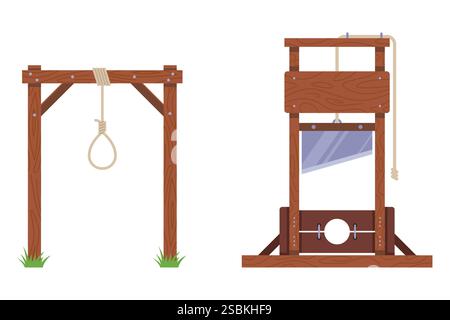 Giustiziare un criminale per i suoi crimini. Il boia, la ghigliottina e l'impalcatura. Illustrazione Vettoriale