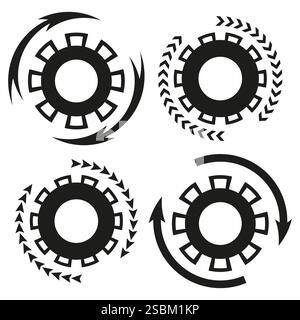Icona freccia ingranaggi. Concetto di rotazione circolare. Audace forma nera industriale. Simbolo meccanico vettoriale dinamico Illustrazione Vettoriale