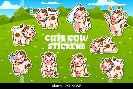 Cartoni animati carini personaggi di mucca adesivi confezione di animali da fattoria con prodotti lattiero-caseari su sfondo vettoriale del campo di erba verde. I personaggi della mucca felice con m Illustrazione Vettoriale