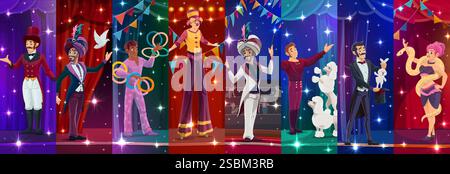 Personaggi del circo cartoni animati collage, artisti vettoriali del carnevale e animali all'arena del circo. Simpatico mago, giocoliere, clown e intrattenitore, serpente Illustrazione Vettoriale