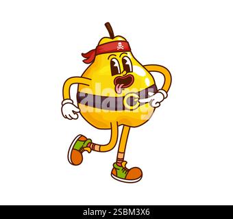 Personaggio dei cartoni animati pirata di pera e frutta corsara che indossa una bandana rossa e cintura, con un'espressione allegra. Perdita di frutta giocosa vettoriale isolata Illustrazione Vettoriale