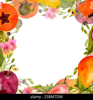 Questo vivace design con bordi di frutta e acquerello, decorato con fiori, è ideale per inviti o decorazioni. Cornice isolata ad acquerello su sfondo bianco per vari progetti e stampe. Foto Stock