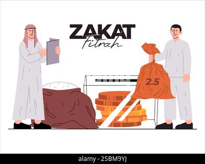 Zakat Eid Fitr Muslim Islam obbligo di condivisione cura aiutare i poveri carità scatola di riso che riceve gli arabi vestiti set di icone di design Illustrazione Vettoriale