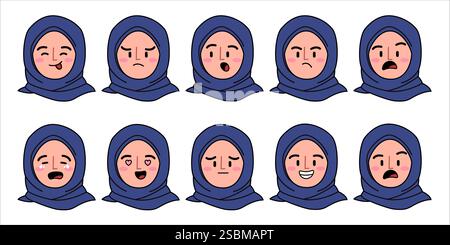 Collezione di adesivi Islam Icon Set ragazza che indossa il velo hijab emoji triste felice turbato arrabbiato arrabbiato pianto scioccato sorpreso deludere sorriso felice Illustrazione Vettoriale