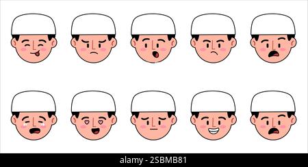 Islam uomo musulmano maschio ragazzo che indossa cappello skullcap Keffiyeh emoji triste felice turbato folle arrabbiato pianto scioccato sorpreso sorriso cuore-occhi Illustrazione Vettoriale