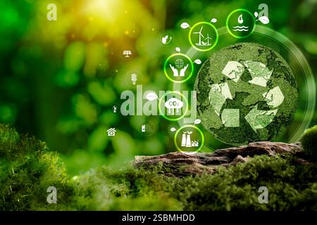 Zero rifiuti, concetto di zero reti. ecocompatibile. Strategia a lungo termine neutra dal punto di vista climatico. Sviluppo aziendale sostenibile. Riutilizzare il simbolo Riduci riciclo. Conscio Foto Stock