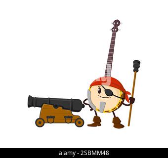 Il personaggio dei corsari e dei pirati del banjo cartoni animati presenta un volto giocoso con un sopracciglio, bandana rossa e stivali, che si erge orgogliosamente accanto a un Illustrazione Vettoriale