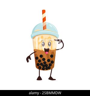 Personaggio cartoni animati della tazza da tè con bolle, personaggio vettoriale del fast food kawaii. Contenitore in plastica monouso con perle di tapioca, coperchio a cupola e cannuccia. Isolare Illustrazione Vettoriale